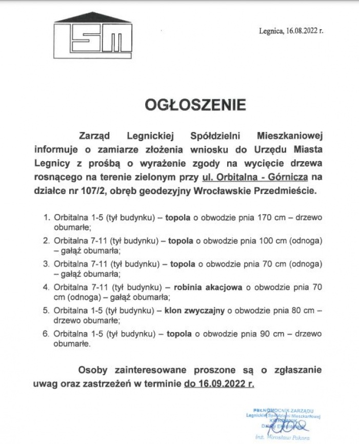Ogłoszenie - wycinka drzew