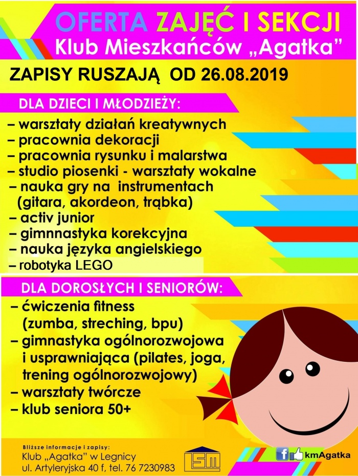 "Klub  Mieszkańc&oacute;w Agatka"  zaprasza do zapis&oacute;w na zajęcia w roku kulturalno- oświatowym 2019/2020