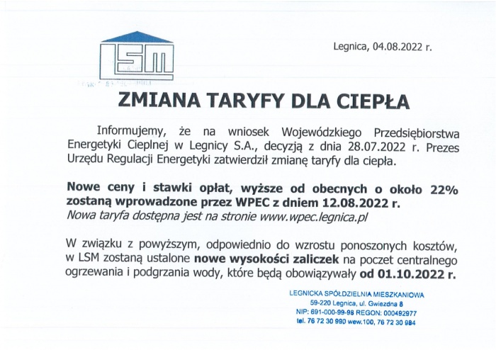 Zmiana taryfy dla ciepła