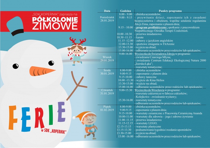 P&oacute;łkolonie w SDK "Kopernik" - I turnus - rozkład jazdy