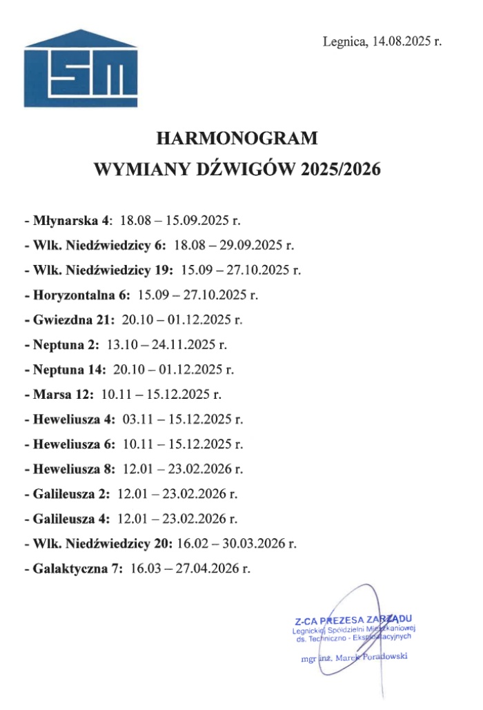 Harmonogram wymiany dźwig&oacute;w